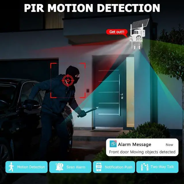 Alt view image 4 of 7 - 4K Solar Security Cameras Wireless Outdoor with Triple-Lens, 360°PTZ Camera for Home Security with Color Night Vision, PIR Motion Detection, Easy to Install, 2-Way Audio, Spotlight Siren, 2.4G WiFi