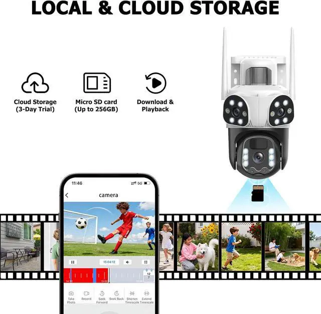Alt view image 7 of 7 - 4K Solar Security Cameras Wireless Outdoor with Triple-Lens, 360°PTZ Camera for Home Security with Color Night Vision, PIR Motion Detection, Easy to Install, 2-Way Audio, Spotlight Siren, 2.4G WiFi