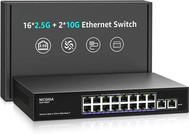 Main image of 10Gbe Ethernet Switch Unmanaged with 2 x 10Gb RJ45 Ports + 16 x 2.5Gb Base-T Ports, Desktop/19-inch Rack Mount, NICGIGA 18 Port 10Gbps Network Switch for Wireless AP, NAS, PC