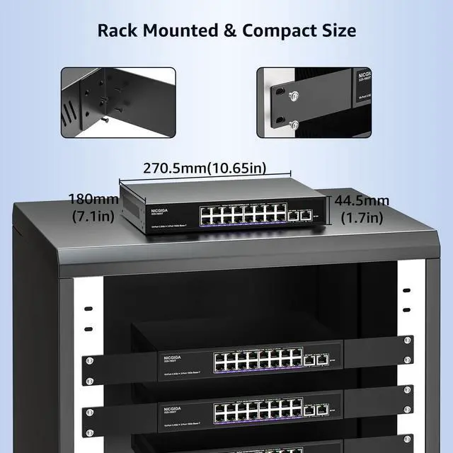 Alt view image 6 of 7 - 10Gbe Ethernet Switch Unmanaged with 2 x 10Gb RJ45 Ports + 16 x 2.5Gb Base-T Ports, Desktop/19-inch Rack Mount, NICGIGA 18 Port 10Gbps Network Switch for Wireless AP, NAS, PC