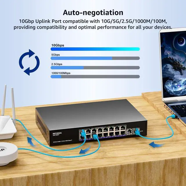 Alt view image 4 of 7 - 10Gbe Ethernet Switch Unmanaged with 2 x 10Gb RJ45 Ports + 16 x 2.5Gb Base-T Ports, Desktop/19-inch Rack Mount, NICGIGA 18 Port 10Gbps Network Switch for Wireless AP, NAS, PC