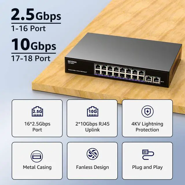 Alt view image 3 of 7 - 10Gbe Ethernet Switch Unmanaged with 2 x 10Gb RJ45 Ports + 16 x 2.5Gb Base-T Ports, Desktop/19-inch Rack Mount, NICGIGA 18 Port 10Gbps Network Switch for Wireless AP, NAS, PC