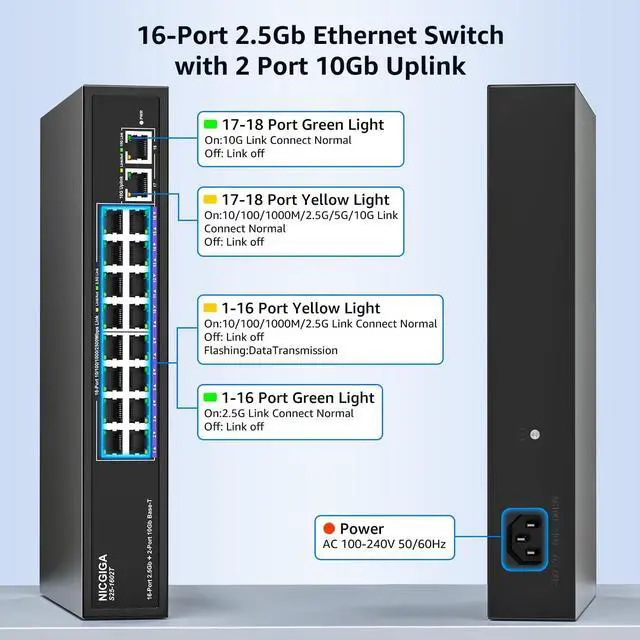Alt view image 2 of 7 - 10Gbe Ethernet Switch Unmanaged with 2 x 10Gb RJ45 Ports + 16 x 2.5Gb Base-T Ports, Desktop/19-inch Rack Mount, NICGIGA 18 Port 10Gbps Network Switch for Wireless AP, NAS, PC