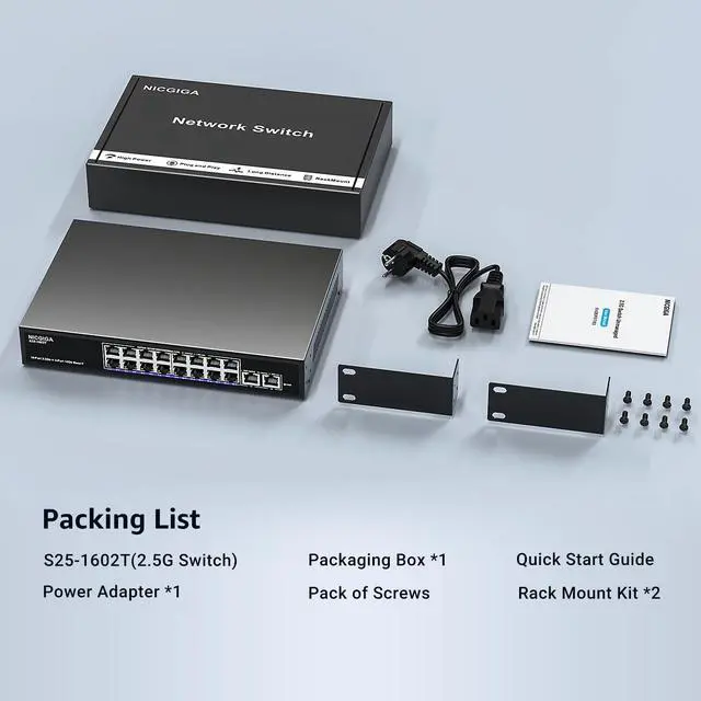 Alt view image 7 of 7 - 10Gbe Ethernet Switch Unmanaged with 2 x 10Gb RJ45 Ports + 16 x 2.5Gb Base-T Ports, Desktop/19-inch Rack Mount, NICGIGA 18 Port 10Gbps Network Switch for Wireless AP, NAS, PC
