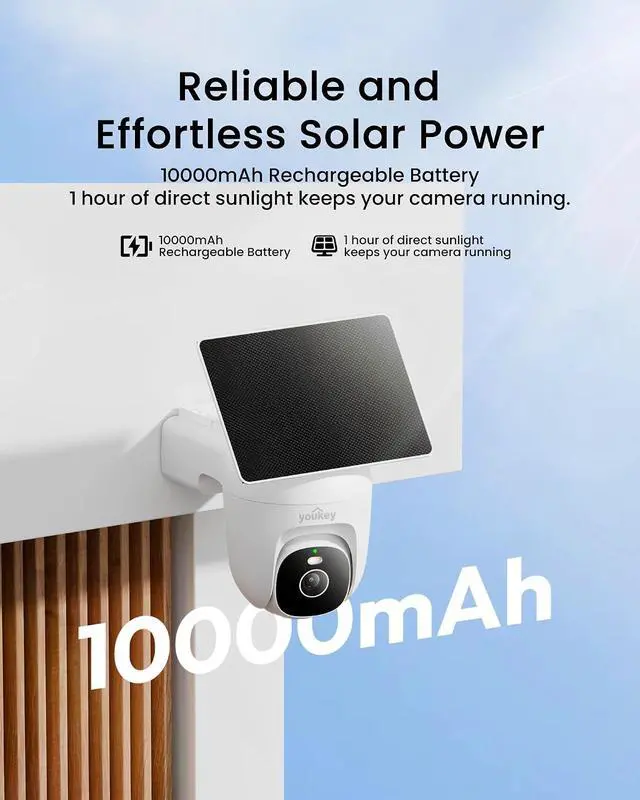 Alt view image 7 of 7 - youkey Solar Security Camera Wireless Outdoor, 24/7 AOV Recording, 82 ft AI Person/Vehicle Detection, 2.5K Color Night, No Subscription, 360° Pan/Tilt, Human Tracking, 10,000mAh Battery, IP67 (S340)