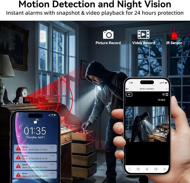 Alt view image 4 of 7 - Wireless Security Mini Camera, 4K Full HD Nanny Cam with Alarm Clock and Bluetooth Speaker, Excellent Night Vision & Motion Detection Alarm, Mobile Phone Remote APP Control, Support 5G and 2.4G