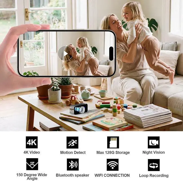 Alt view image 2 of 7 - Wireless Security Mini Camera, 4K Full HD Nanny Cam with Alarm Clock and Bluetooth Speaker, Excellent Night Vision & Motion Detection Alarm, Mobile Phone Remote APP Control, Support 5G and 2.4G