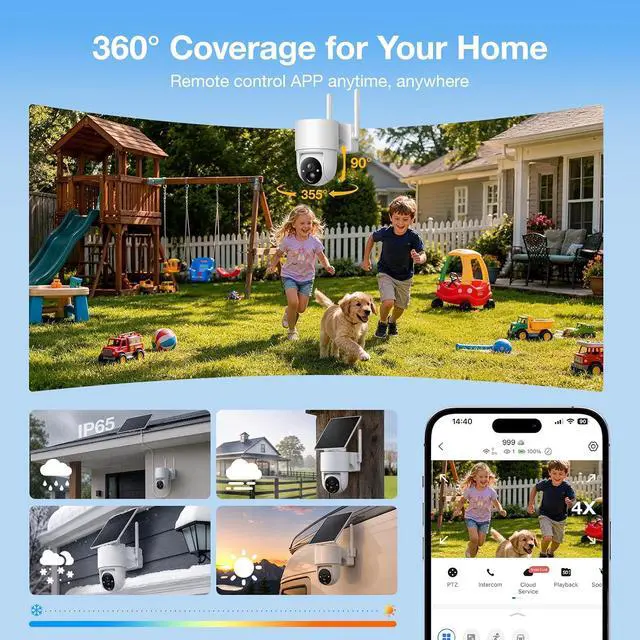 Alt view image 6 of 7 - Tical Wireless Security Camera Outdoor, 4MP Solar Outdoor Security Camera, 24/7 Continuous Recording, 2.4GHz WiFi, 360° PTZ, Color Night Vision, PIR Motion Alerts, 2-Way Audio, White