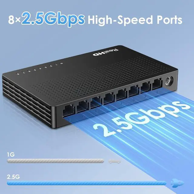 Alt view image 2 of 7 - Real HD 2.5Gb Switch, Ethernet Switch 2.5Gb 8 Port Unmanaged, Network Switch for Game Console, NAS, PC, Wireless APs, Plug & Play Fanless, Desktop Wall Mount Network Hub