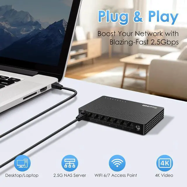 Alt view image 3 of 7 - Real HD 2.5Gb Switch, Ethernet Switch 2.5Gb 8 Port Unmanaged, Network Switch for Game Console, NAS, PC, Wireless APs, Plug & Play Fanless, Desktop Wall Mount Network Hub
