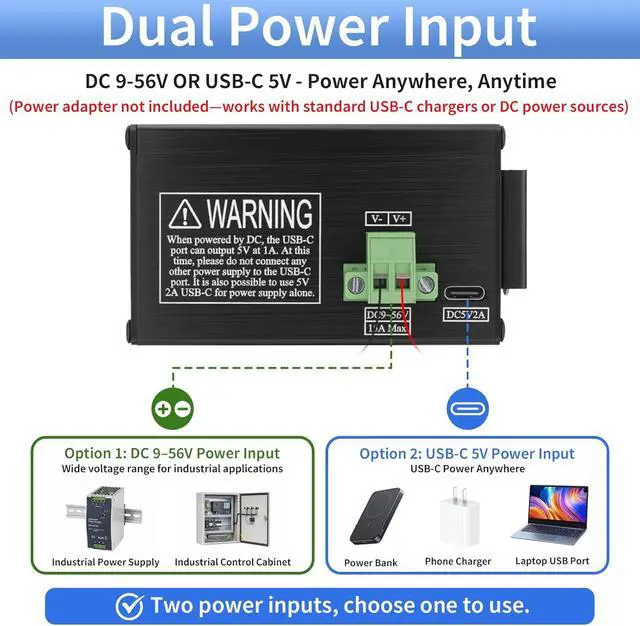 Alt view image 2 of 7 - 12 Port Gigabit Ethernet Switch, Unmanaged Industrial Network Switch, Dual Power Input (USB-C 5V/DC 9-56V), 10/100/1000 Mbps, Plug & Play, DIN-Rail & Wall Mount, for Home, Office & Automation