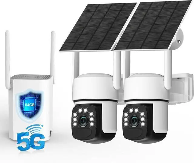 Main image of Security Cameras Wireless Outdoor, 2 Cam-Kit, 4MP Solar-Powered Camera with Color Night Vision, 2.4G & 5G WiFi, 360° Pan & Tilt, 64GB Local Storage, No Subscription, Motion Detection, Spotlight Siren