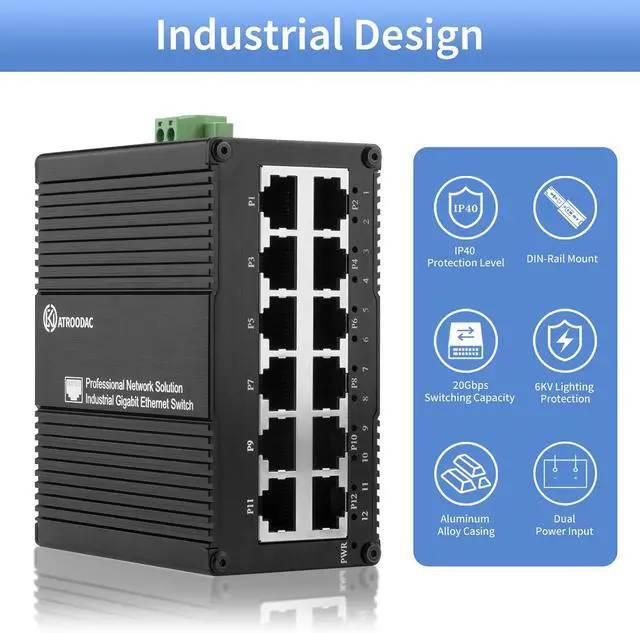 Alt view image 5 of 7 - 12 Port Gigabit Ethernet Switch, Unmanaged Industrial Network Switch, Dual Power Input (USB-C 5V/DC 9-56V), 10/100/1000 Mbps, Plug & Play, DIN-Rail & Wall Mount, for Home, Office & Automation