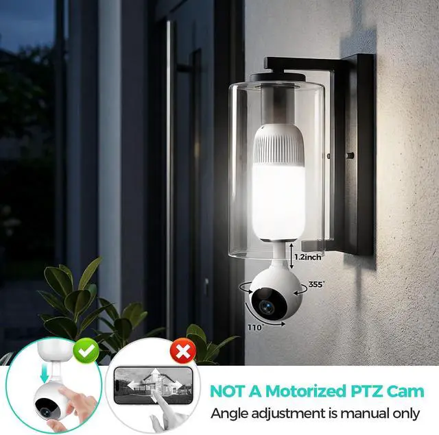 Alt view image 3 of 7 - 2K Light Bulb Security Cameras Outdoor Indoor - 355° Manual Pan / 110° Tilt Light Bulb Camera Wireless for Home Security with Color Night Vision, Motion Detection, SD/Cloud Storage, 2-Way Audio, Siren
