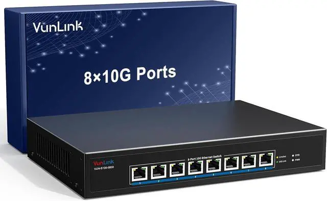 Main image of 8-Port 10Gb RJ45 Ethernet Switch Unmanaged, VunLink 10GBase-T Multi-Gig (10G/5G/2.5G/1G) Network Switch, 160Gbps Capacity, 19-inch Rackmount, for 10G NAS, Server, PC, Workstation