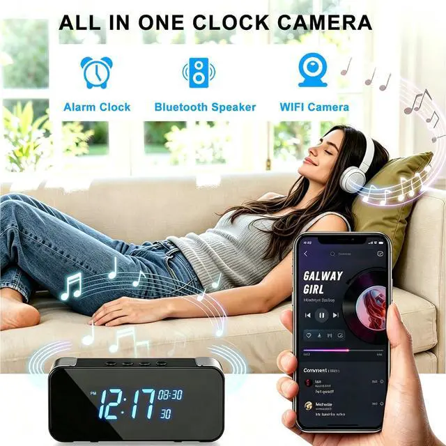 Alt view image 7 of 7 - 4K Hidden Camera Alarm Clock with Bluetooth, WiFi Wireless Nanny Cam for Home Security with Night Vision, Motion Detection, Remote Live Stream