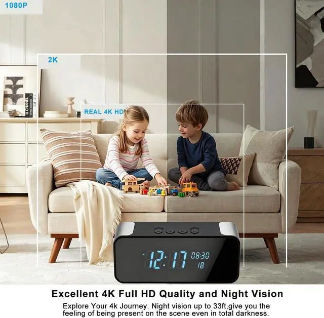 Alt view image 5 of 7 - 4K Hidden Camera Alarm Clock with Bluetooth, WiFi Wireless Nanny Cam for Home Security with Night Vision, Motion Detection, Remote Live Stream