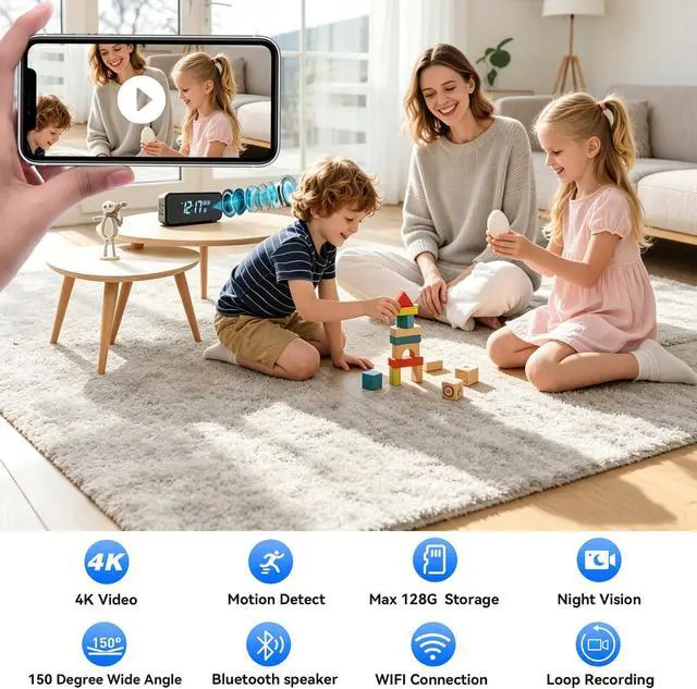 Alt view image 2 of 7 - 4K Hidden Camera Alarm Clock with Bluetooth, WiFi Wireless Nanny Cam for Home Security with Night Vision, Motion Detection, Remote Live Stream