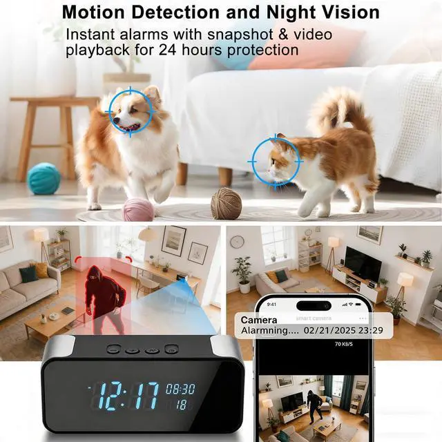 Alt view image 6 of 7 - 4K Hidden Camera Alarm Clock with Bluetooth, WiFi Wireless Nanny Cam for Home Security with Night Vision, Motion Detection, Remote Live Stream