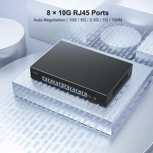 Alt view image 6 of 7 - 8-Port 10Gb RJ45 Ethernet Switch Unmanaged, VunLink 10GBase-T Multi-Gig (10G/5G/2.5G/1G) Network Switch, 160Gbps Capacity, 19-inch Rackmount, for 10G NAS, Server, PC, Workstation