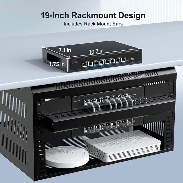 Alt view image 7 of 7 - 8-Port 10Gb RJ45 Ethernet Switch Unmanaged, VunLink 10GBase-T Multi-Gig (10G/5G/2.5G/1G) Network Switch, 160Gbps Capacity, 19-inch Rackmount, for 10G NAS, Server, PC, Workstation