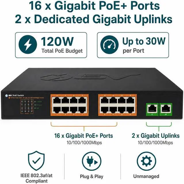 Alt view image 3 of 7 - BV-Tech 18-Port Gigabit PoE+ Switch