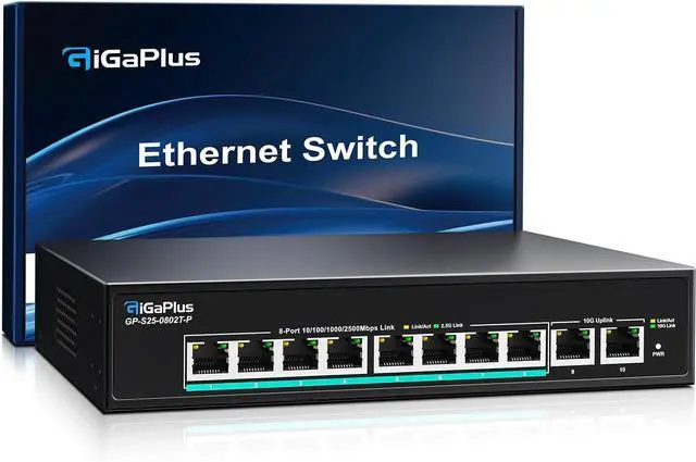 Main image of 10-Port 10Gb Unmanaged PoE Ethernet Switch with 8*2.5G Base-T PoE Ports, 2*10G RJ45 Ports. 80Gbps Switching Capacity, GiGaPlus 10Gbps Network Switch for 2.5G/10Gbps NAS/PC, WiFi6 Router, Wireless AP