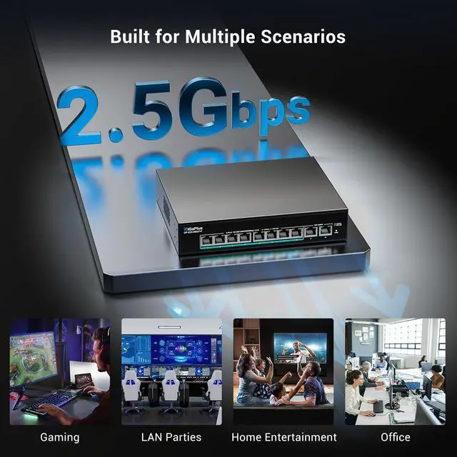 Alt view image 4 of 7 - 10-Port 10Gb Unmanaged PoE Ethernet Switch with 8*2.5G Base-T PoE Ports, 2*10G RJ45 Ports. 80Gbps Switching Capacity, GiGaPlus 10Gbps Network Switch for 2.5G/10Gbps NAS/PC, WiFi6 Router, Wireless AP