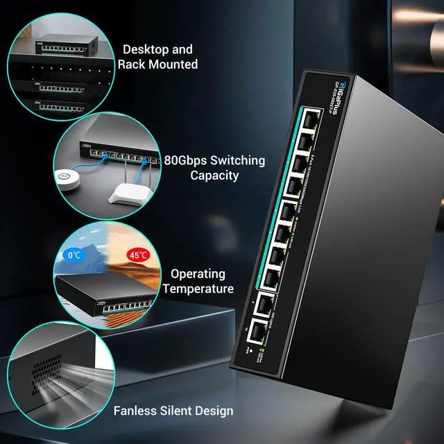 Alt view image 7 of 7 - 10-Port 10Gb Unmanaged PoE Ethernet Switch with 8*2.5G Base-T PoE Ports, 2*10G RJ45 Ports. 80Gbps Switching Capacity, GiGaPlus 10Gbps Network Switch for 2.5G/10Gbps NAS/PC, WiFi6 Router, Wireless AP