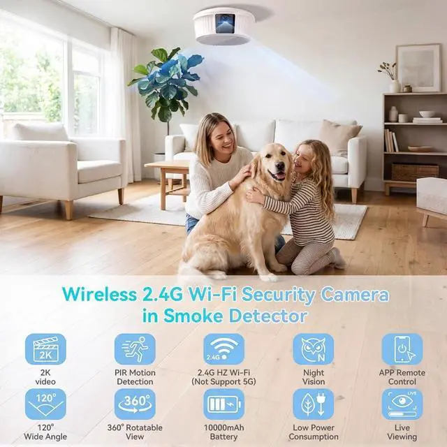 Alt view image 2 of 7 - Wireless Wi-Fi Security Camera - 2K Ultra HD 360° Rotatable Mini Camera with Night Vision and PIR Motion Detection, 2.4G Wi-Fi Surveillance Cam with APP Remote Control (No smoke detection function)
