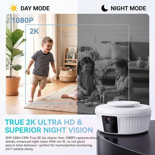 Alt view image 3 of 7 - Wireless Wi-Fi Security Camera - 2K Ultra HD 360° Rotatable Mini Camera with Night Vision and PIR Motion Detection, 2.4G Wi-Fi Surveillance Cam with APP Remote Control (No smoke detection function)