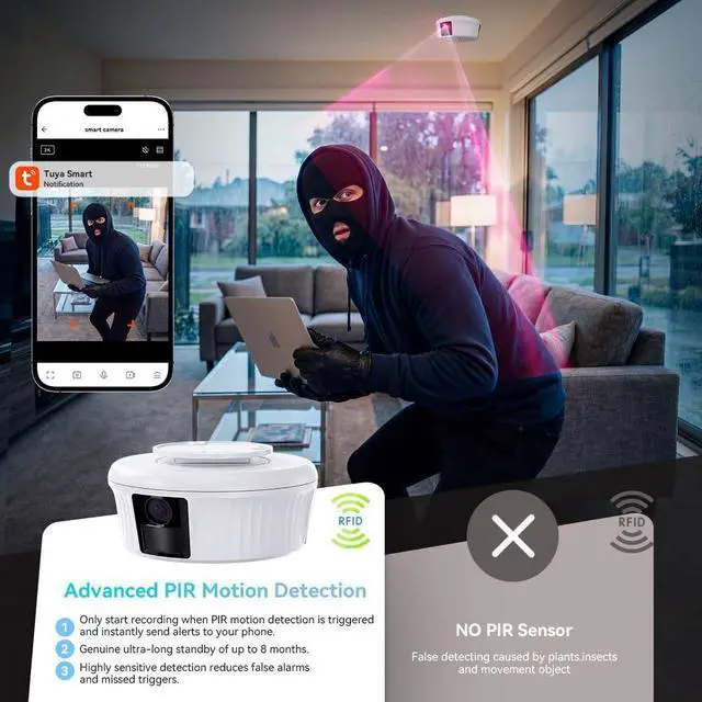 Alt view image 4 of 7 - Wireless Wi-Fi Security Camera - 2K Ultra HD 360° Rotatable Mini Camera with Night Vision and PIR Motion Detection, 2.4G Wi-Fi Surveillance Cam with APP Remote Control (No smoke detection function)