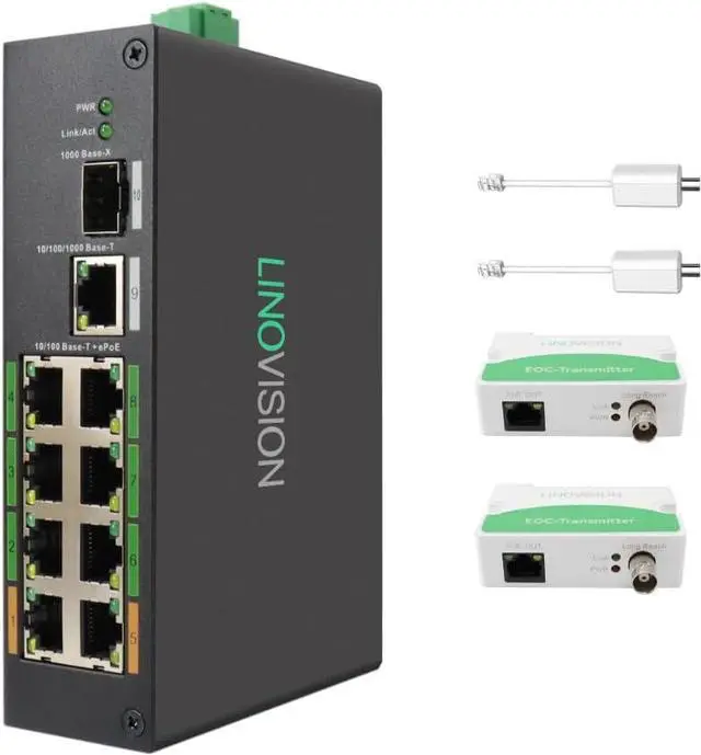 Main image of LINOVISION Industrial 8-Port EOC & POE Switch with 2pcs EOC Transmitters, Long Reach PoE Over Coax or UTP Cable, Simplified Wiring, Upgrading Analog System to IP Surveillance System