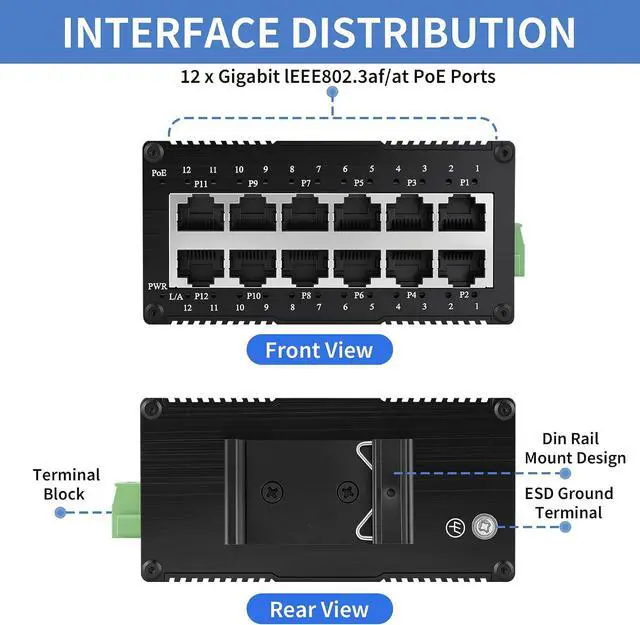 Alt view image 2 of 7 - Industrial 12 Port Gigabit PoE Switch, DC 12-48V to 48V PoE Boost