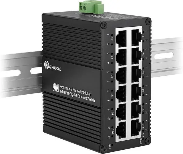Main image of Industrial 12 Port Gigabit PoE Switch, DC 12-48V to 48V PoE Boost