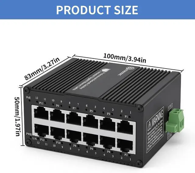 Alt view image 7 of 7 - Industrial 12 Port Gigabit PoE Switch, DC 12-48V to 48V PoE Boost