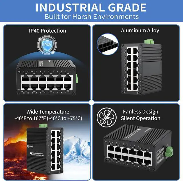 Alt view image 6 of 7 - Industrial 12 Port Gigabit PoE Switch, DC 12-48V to 48V PoE Boost
