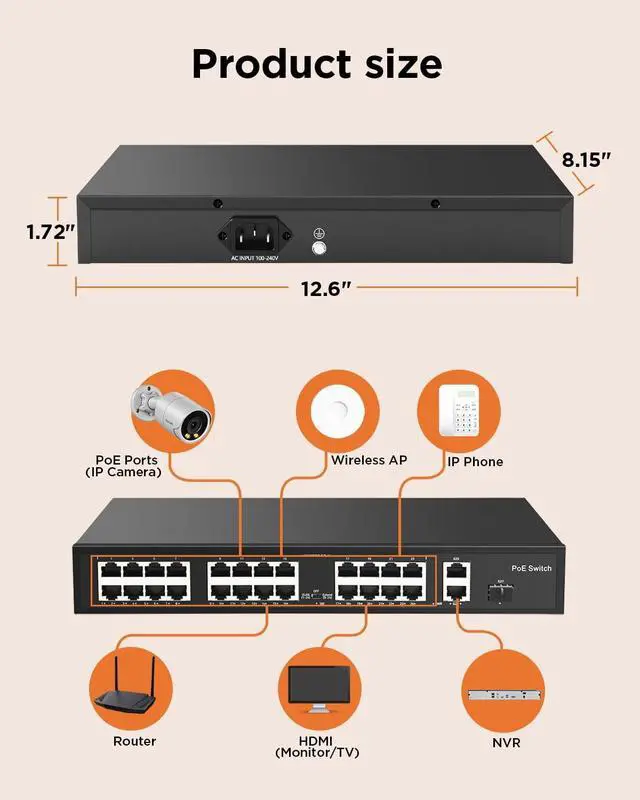 Alt view image 4 of 4 - 24-Port 120W PoE Switch, 2 Gigabit Uplink Ports, 802.3af/at, Supports 4K/8MP/5MP IP Cameras, Metal Housing, Plug & Play, Lightning Protection, PA-POE24