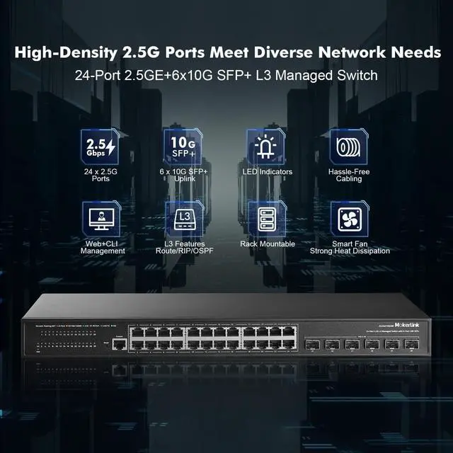 Alt view image 2 of 7 - MokerLink 24 Port 2.5G Manged Ethernet Switch with 6x10G SFP, 24 x 2.5G Base-T Ports Compatible with 10/100/1000Mbps, Metal Web L2+ Managed Fanless Network Switch