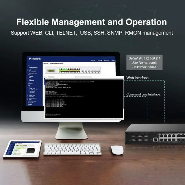 Alt view image 7 of 7 - MokerLink 24 Port 2.5G Manged Ethernet Switch with 6x10G SFP, 24 x 2.5G Base-T Ports Compatible with 10/100/1000Mbps, Metal Web L2+ Managed Fanless Network Switch