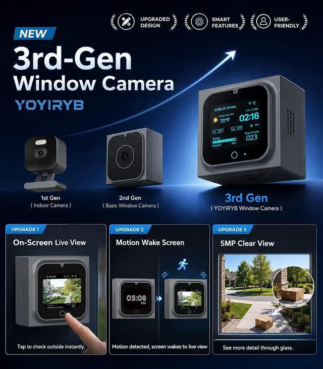 Alt view image 2 of 7 - 5MP Window Camera + 128GB Memory Card, 2" Screen, Motion-Wake Display, 24/7 Recording, No-Drill Setup, Color Night Vision, 2.4/5GHz WiFi