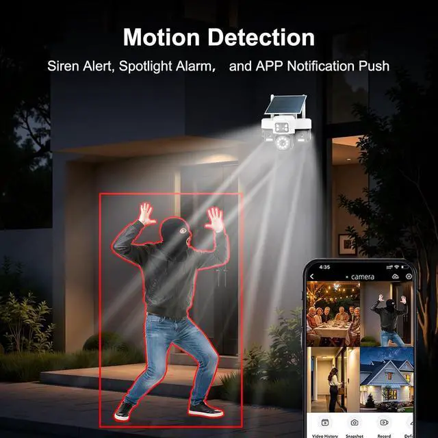 Alt view image 4 of 7 - 4K Solar Security Cameras Wireless Outdoor Battery Powered,Four Lens Bullet Head & 360 PTZ Linkage with Solar Panel, Color Night Vision, Motion Detection (White)
