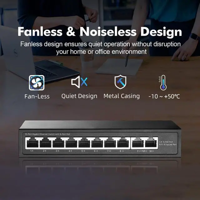 Alt view image 5 of 7 - 10 Port Mini Gigabit PoE Switch with 8 PoE+ Port, 2 Gigabit RJ45 Uplink, 10/100/1000Mbps, IEEE802.3af/at, Max 120W, YuLinca Metal Fanless Plug & Play Ethernet Switch