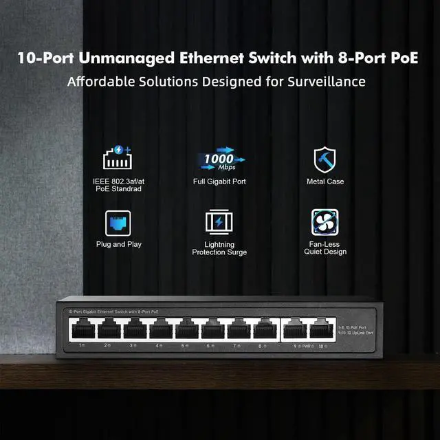 Alt view image 2 of 7 - 10 Port Mini Gigabit PoE Switch with 8 PoE+ Port, 2 Gigabit RJ45 Uplink, 10/100/1000Mbps, IEEE802.3af/at, Max 120W, YuLinca Metal Fanless Plug & Play Ethernet Switch