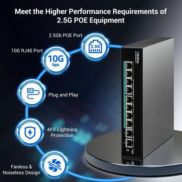 Alt view image 6 of 7 - 10-Port 10Gb Unmanaged PoE Ethernet Switch with 8*2.5G Base-T PoE Ports, 2*10G RJ45 Ports. 80Gbps Switching Capacity, GiGaPlus 10Gbps Network Switch for 2.5G/10Gbps NAS/PC, WiFi6 Router, Wireless AP