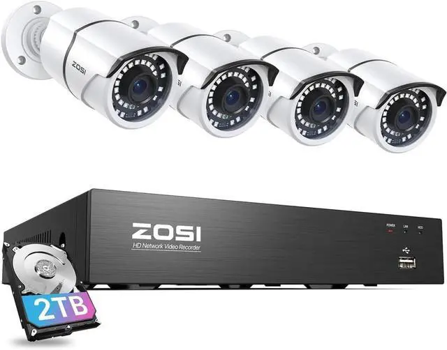 Main image of ZOSI 8CH 4K PoE Home Security Camera System, 8 Ports 16CH 8MP NVR with 2TB HDD, 4pcs 5MP Indoor Outdoor PoE Cameras, 120ft Night Vision, 24/7 Recording, Remote Access