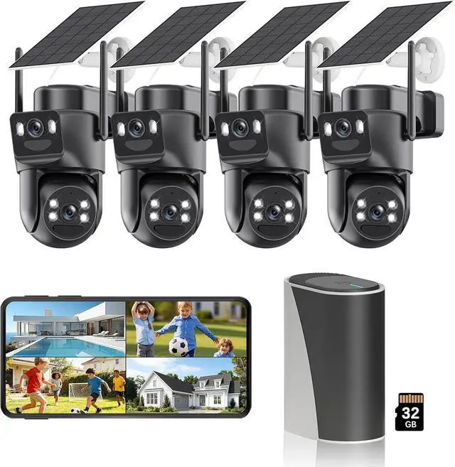Main image of BEENOCAM 4K Dual Lens Solar Security Cameras Wireless Outdoor, 4 Cam-Kit, 360° PTZ Home Security System with Color Night Vision/Motion Detection/Spotlight Alarm/2.4G & 5G WiFi/32GB Local Storage