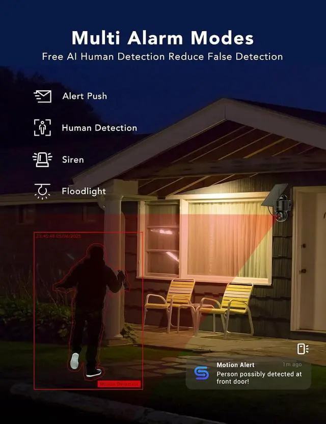 Alt view image 6 of 7 - 2K Solar Security Cameras Wireless Outdoor, 360°PTZ Battery Powered Cameras for Home Security, 2.4G WiFi Outdoor Camera with Color Night Vision, IP66 Waterproof, Motion Sensor Alarm, Black-4P