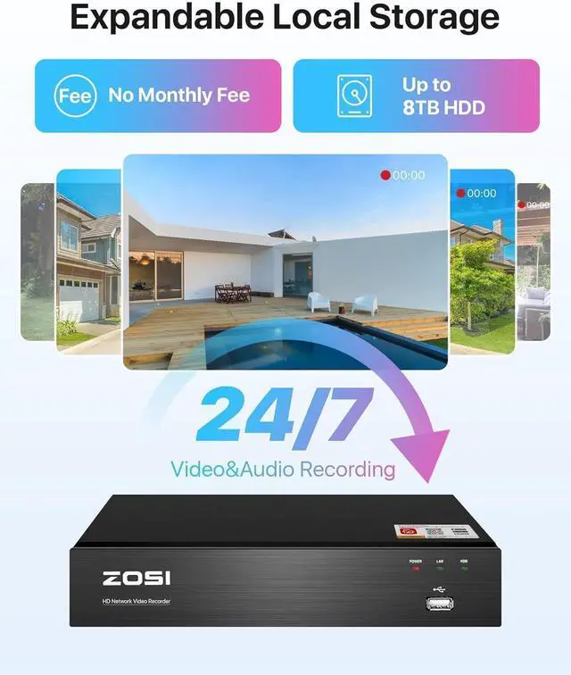 Alt view image 6 of 7 - ZOSI 8CH 4K PoE Home Security Camera System, 8 Ports 16CH 8MP NVR with 2TB HDD, 4pcs 5MP Indoor Outdoor PoE Cameras, 120ft Night Vision, 24/7 Recording, Remote Access
