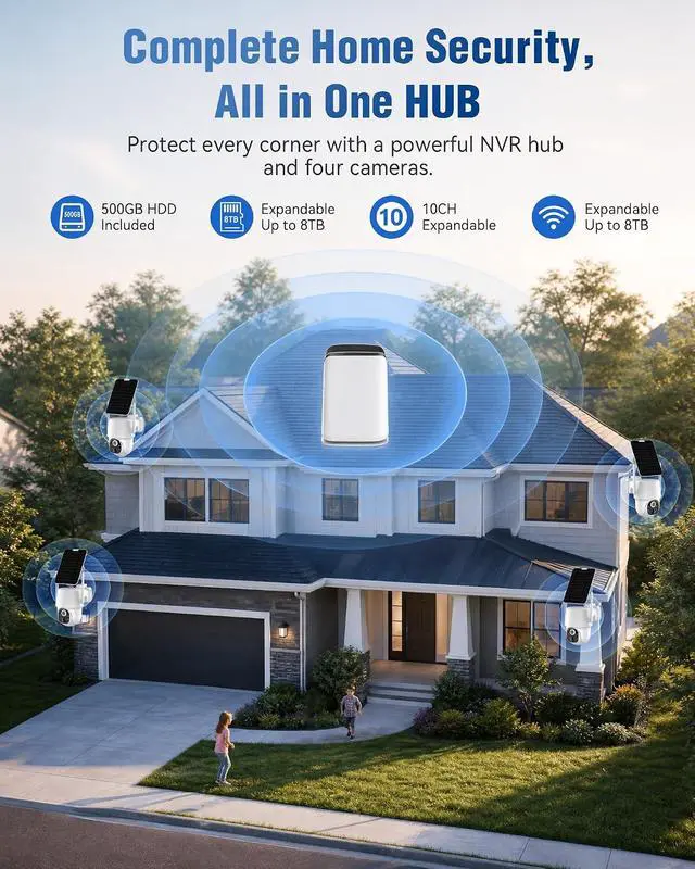 Alt view image 2 of 7 - 5MP Solar Security Cameras Wireless Outdoor System, 500GB HDD Local Storage, No Subscription, 4-Cam Kit, Up to 10CH, Two-Way Audio, Color Night Vision, 5G/2.4GHz WiFi, TV & Monitor Viewing